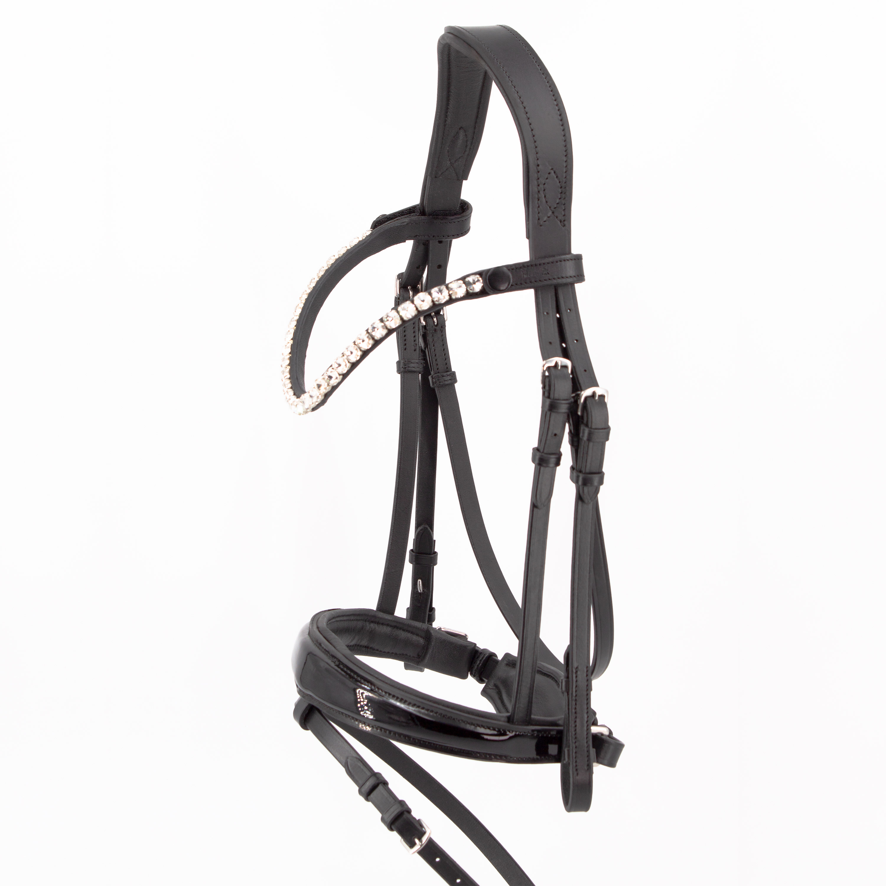 Trense-anatomisch-Performance-abnehmbarer-Sperrriemen-Lack-Zaumhaken-schwarz