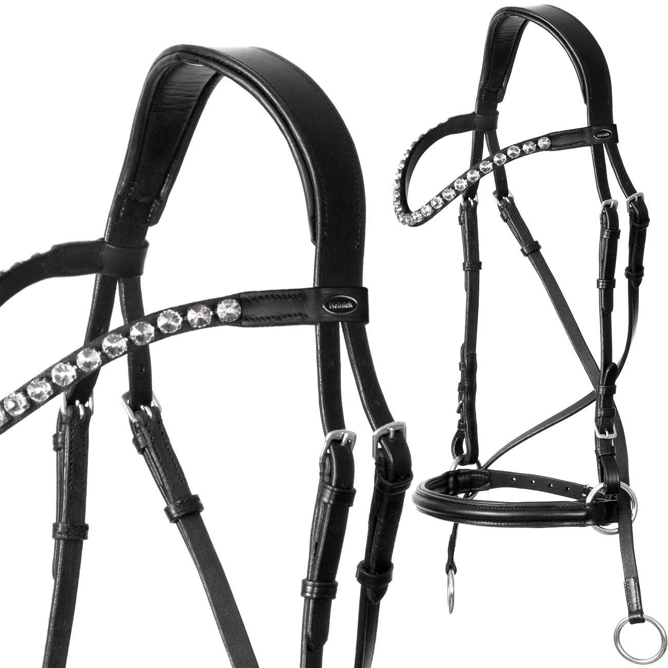 Trense-Gebisslos-Crossunder-Bitless-schwarz-unterlegt-Warmblut-Vollblut-Glow-Silver