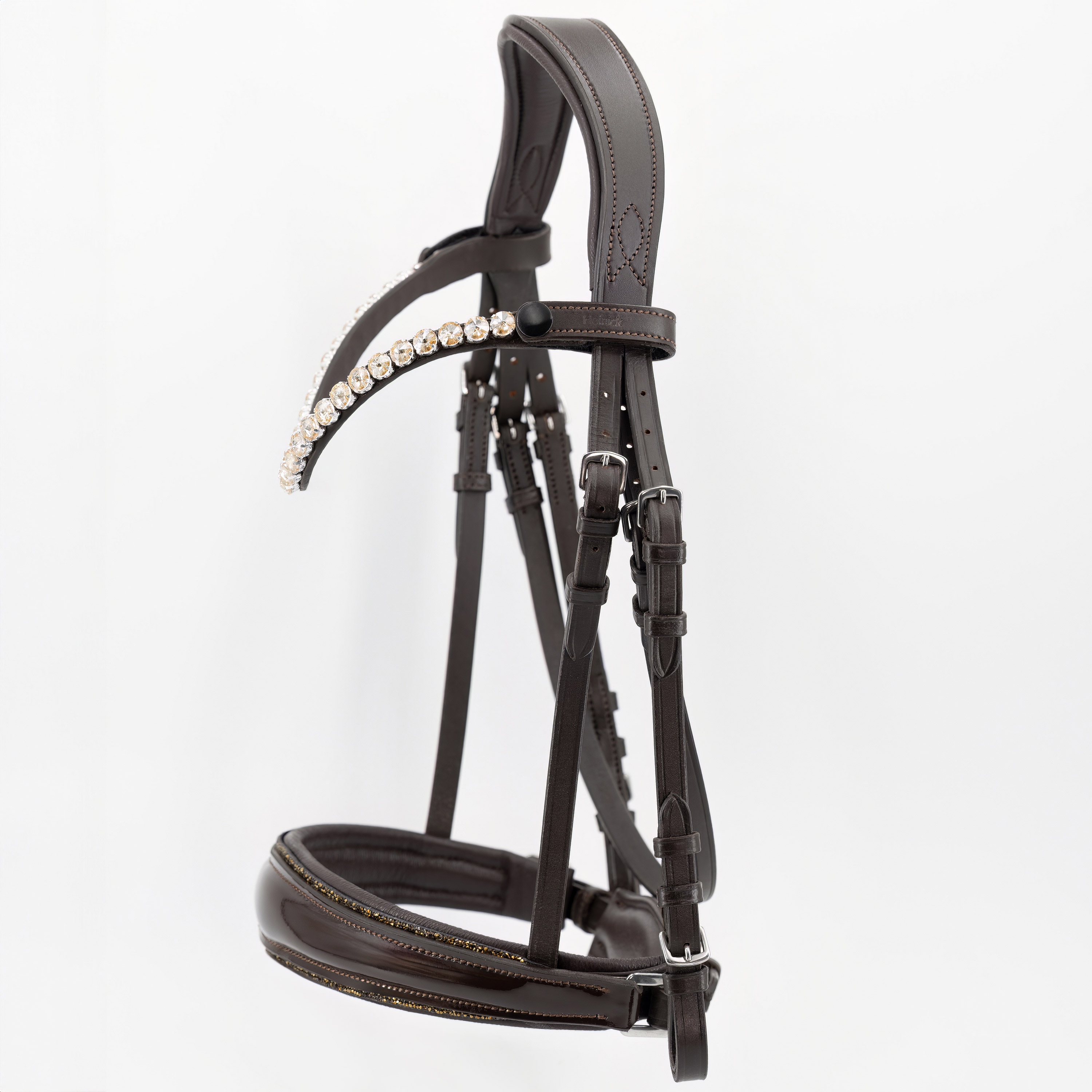 Trense-ohne-Sperrriemen-Schnallen-Braun-Shiny-glitter-Gold