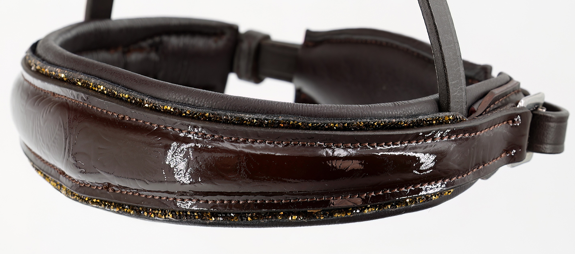 Reithalfter-Paisley-Lack-mit-Muster-Glitzer-Braun-Gold-ohne-Sperrriemen