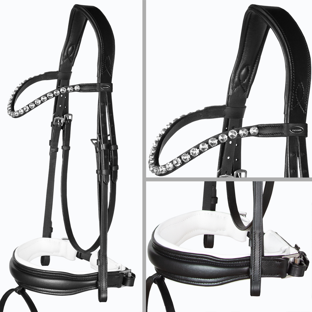 Trense-anatomisch-Breites-Reithalfter-grosse-steine-Zaumhaken-Customchwarz-Weiss-Unterlegt-Warmblut-Vollblut-Glow-Silver