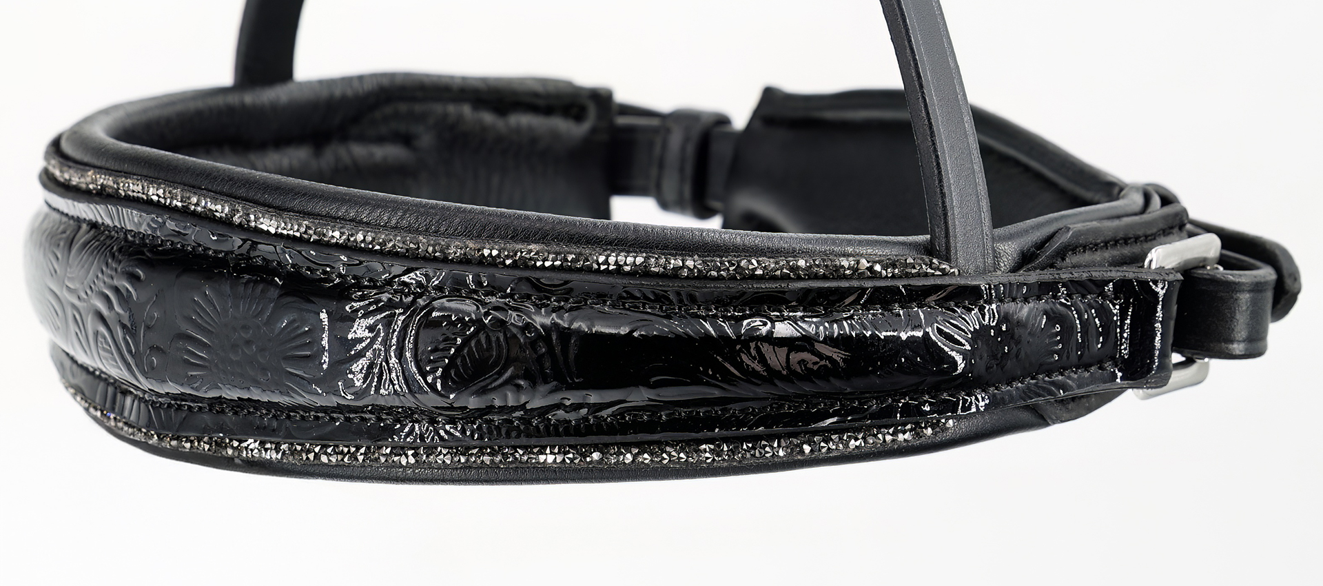 Reithalfter-Paisley-Lack-mit-Muster-Glitzer-Schwarz-Grau-ohne-Sperrriemen