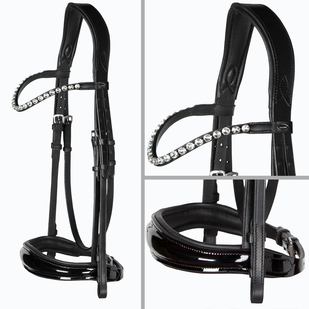 Trense-ohne-Sperrriemen-englisch-Zaumhaken-Competition-Schwarz-Lack-Glow-Silver-Warmblut-Vollblut