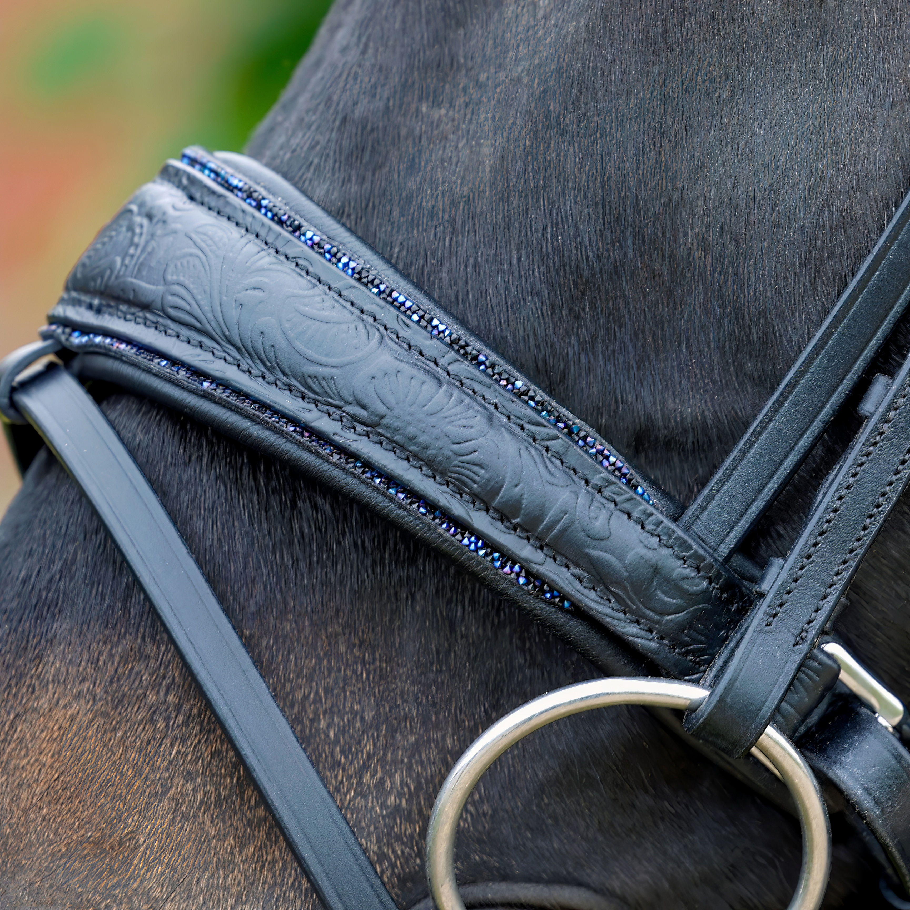 Reithalfter-Paisley-punziert-Glitzer-Schwarz-Blau-entfernbarer-Sperrriemen