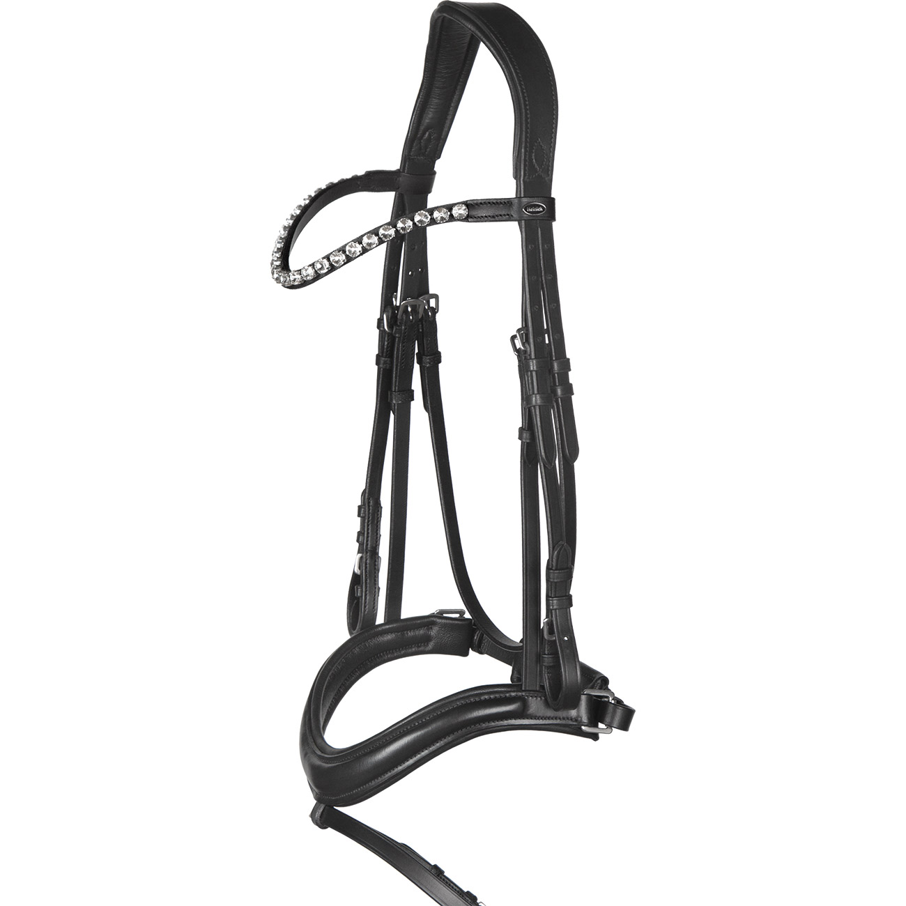 Trense-Anatomisches-Reithalfter-Curved-Schwarz-Unterlegt-WB-VB-Glow-Silver