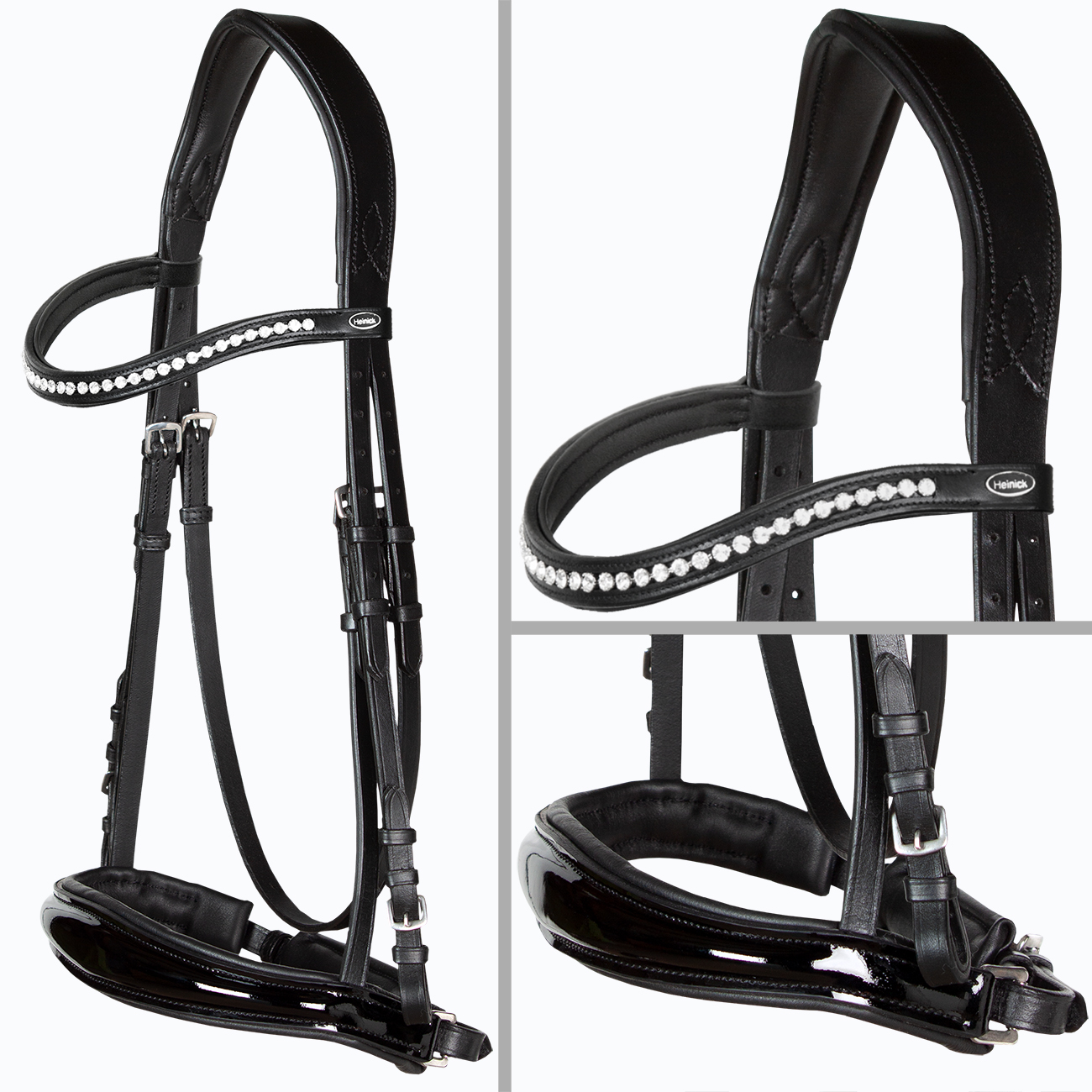 Trense-ohne-Sperrriemen-schwedisch-anatomisch-Schnallen-Competition-Schwarz-Lack-Diamant-Warmblut-Vollblut