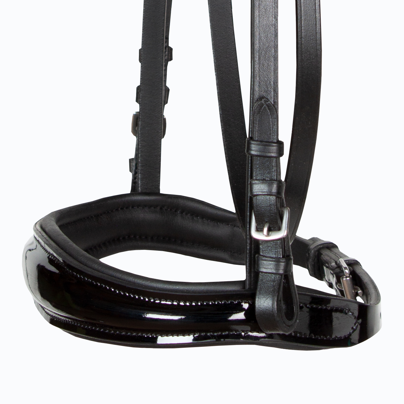 Reithalfter-englisch-ohne-Sperrriemen-Schnallen-schwarz-lack-anatomisch-Competition-Warmblut-Vollblut