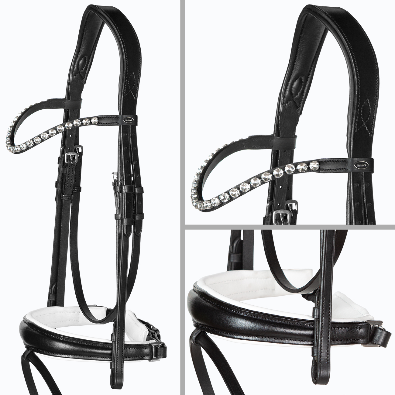 Trense-anatomisch-konisches-Reithalfter-grosse-steine-Zaumhaken-Performance-Weiss-Warmblut-Vollblut-Glow-Silver