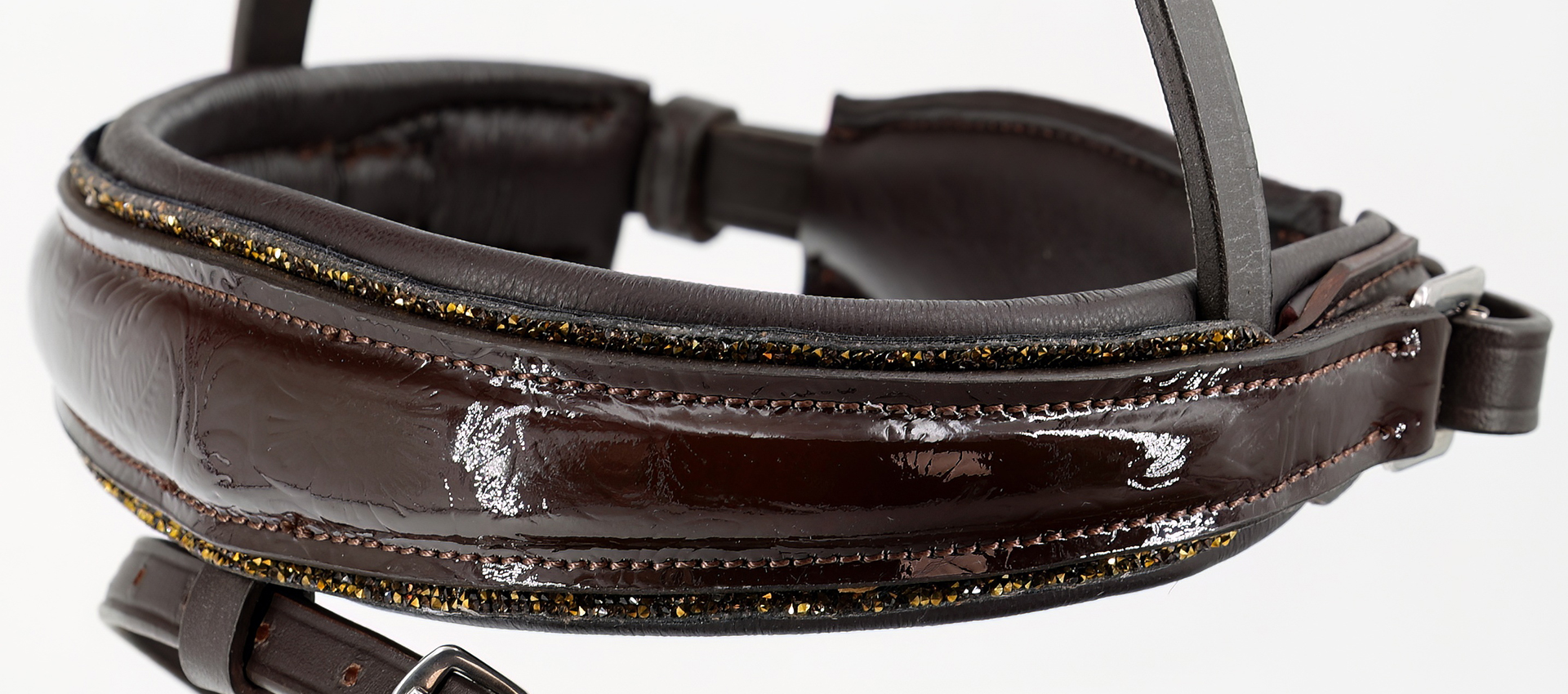 Reithalfter-Paisley-Lack-mit-Muster-Glitzer-Braun-Gold-entfernbarer-Sperrriemen