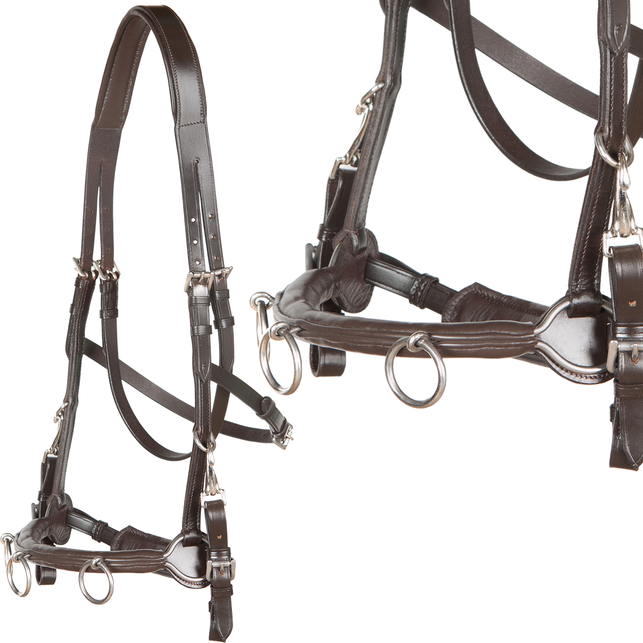 Kappzaum-Cavesson-Cavecon-mit-Gebissriemen-Braun-Warmblut-Vollblut