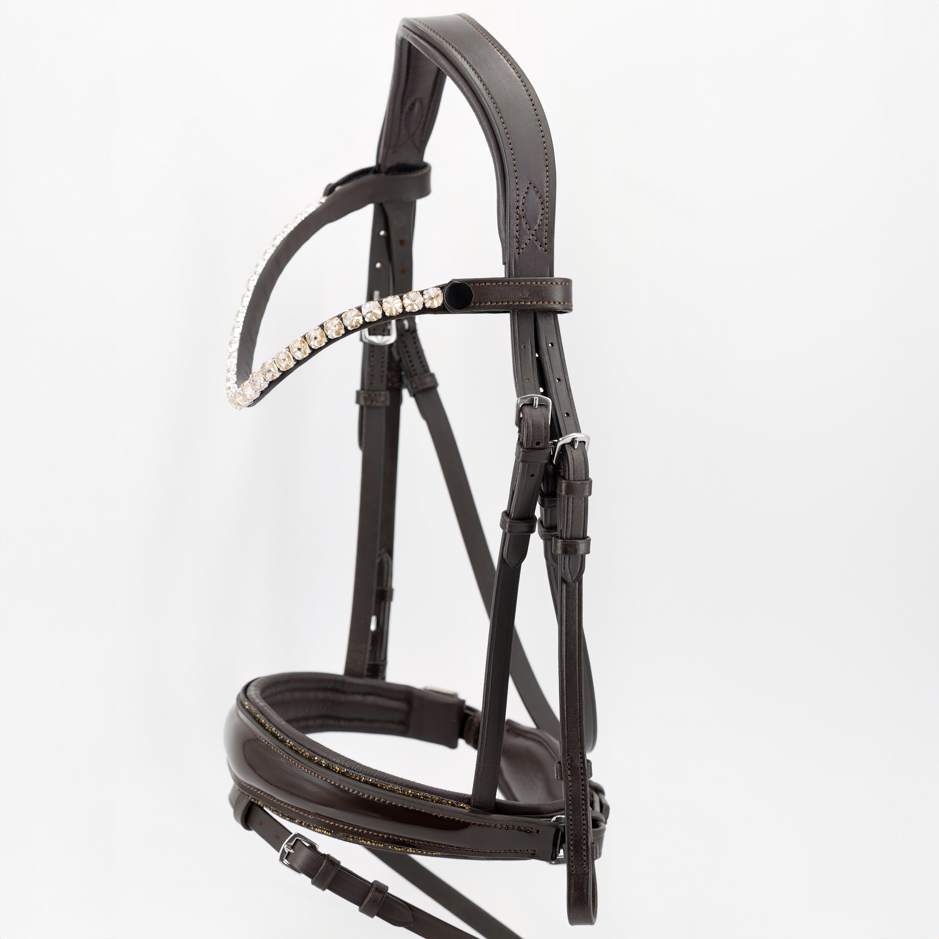 Trense-mit-Sperrriemen-Zaumhaken-Braun-Shiny-glitter-Gold