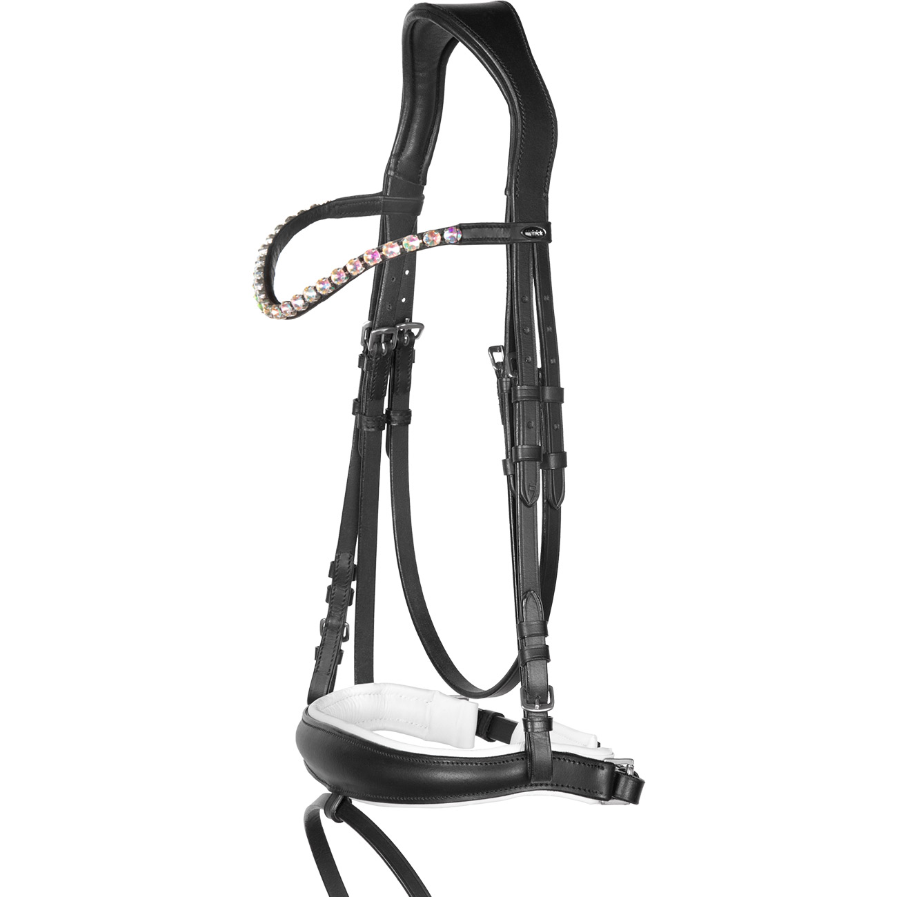 Trense-grosse-steine-Anatomisches-Reithalfter-Competition-Schwarz-Weiss-Unterlegt-WB-VB-Glow-Rainbow