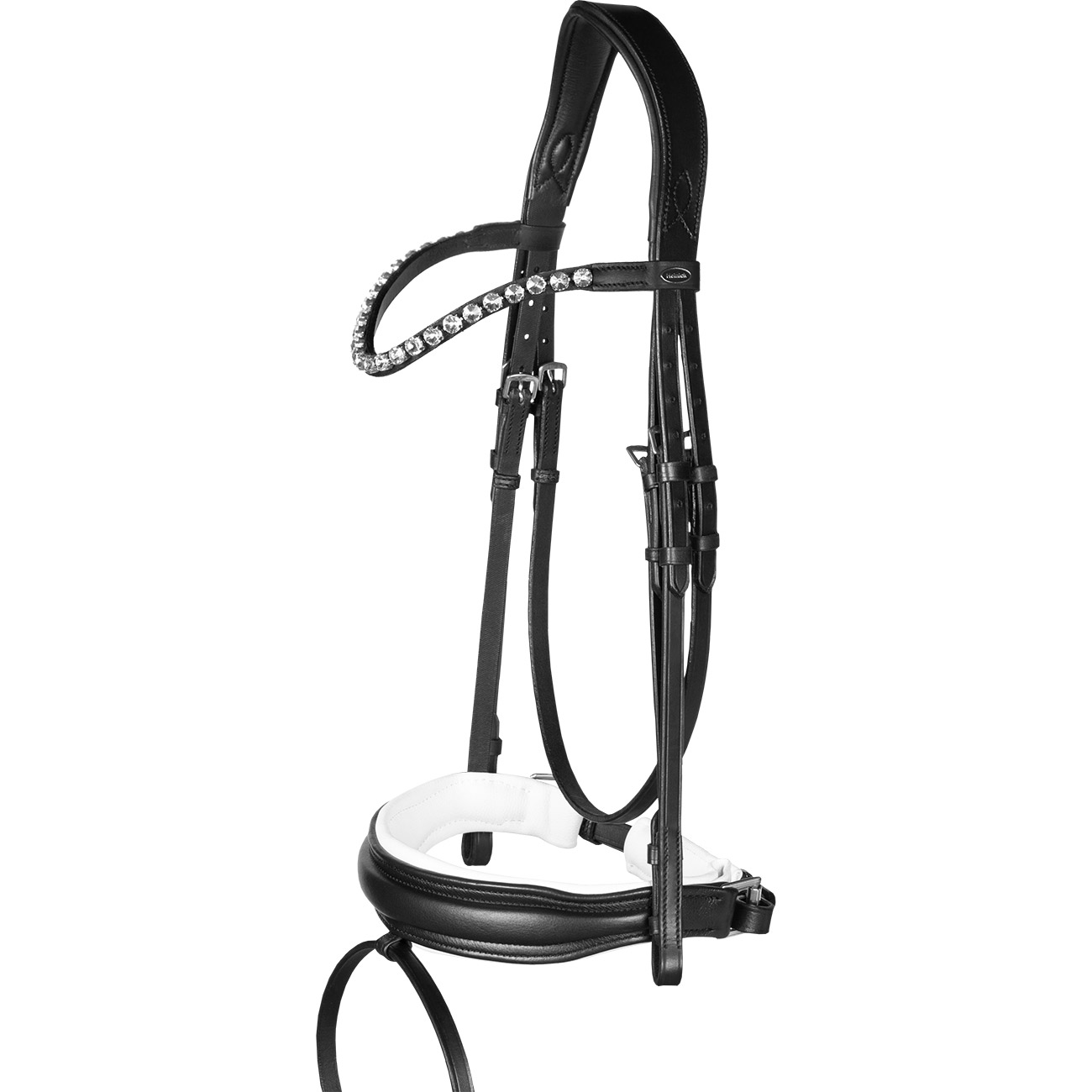 Trense-Custom-Schwarz-Weiss-Schwedisch-anatomisch-Zaumhaken-Warmblut-Vollblut-Glow-Silver