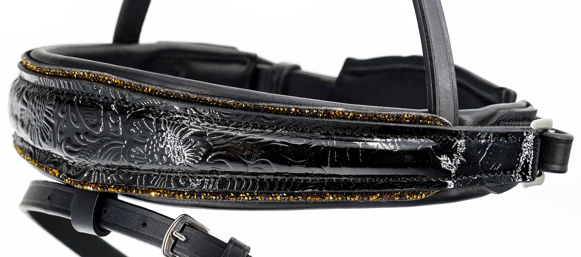 Reithalfter-Paisley-Lack-mit-Muster-Glitzer-Schwarz-Gold-entfernbarer-Sperrriemen