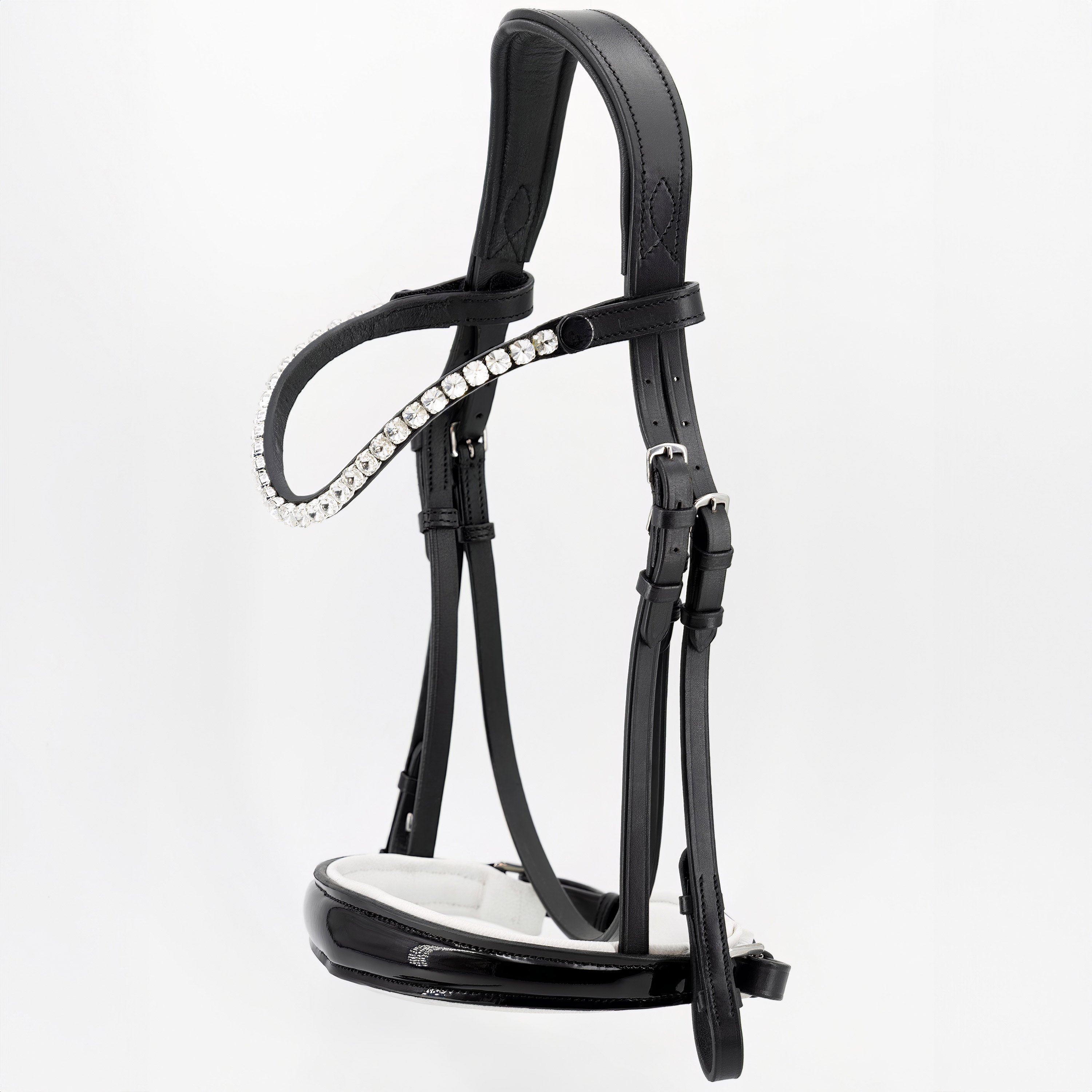 Trense-anatomisch-Performance-ohne-Sperrriemen-Lack-Zaumhaken-Glow-weiss