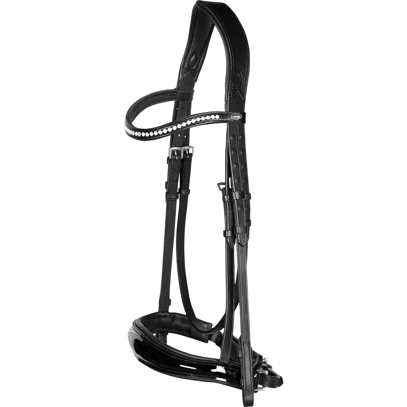 Trense-Competition-Lack-Schwarz-Schwedisch-anatomisch-Zaumhaken-ohne-Sperrriemen-Warmblut-Vollblut