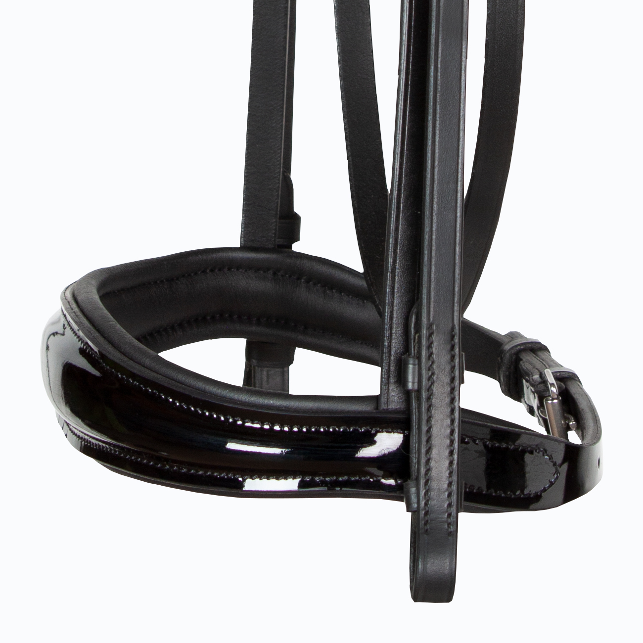 Reithalfter-englisch-ohne-Sperrriemen-Zaumhaken-schwarz-lack-anatomisch-Competition-Warmblut-Vollblut