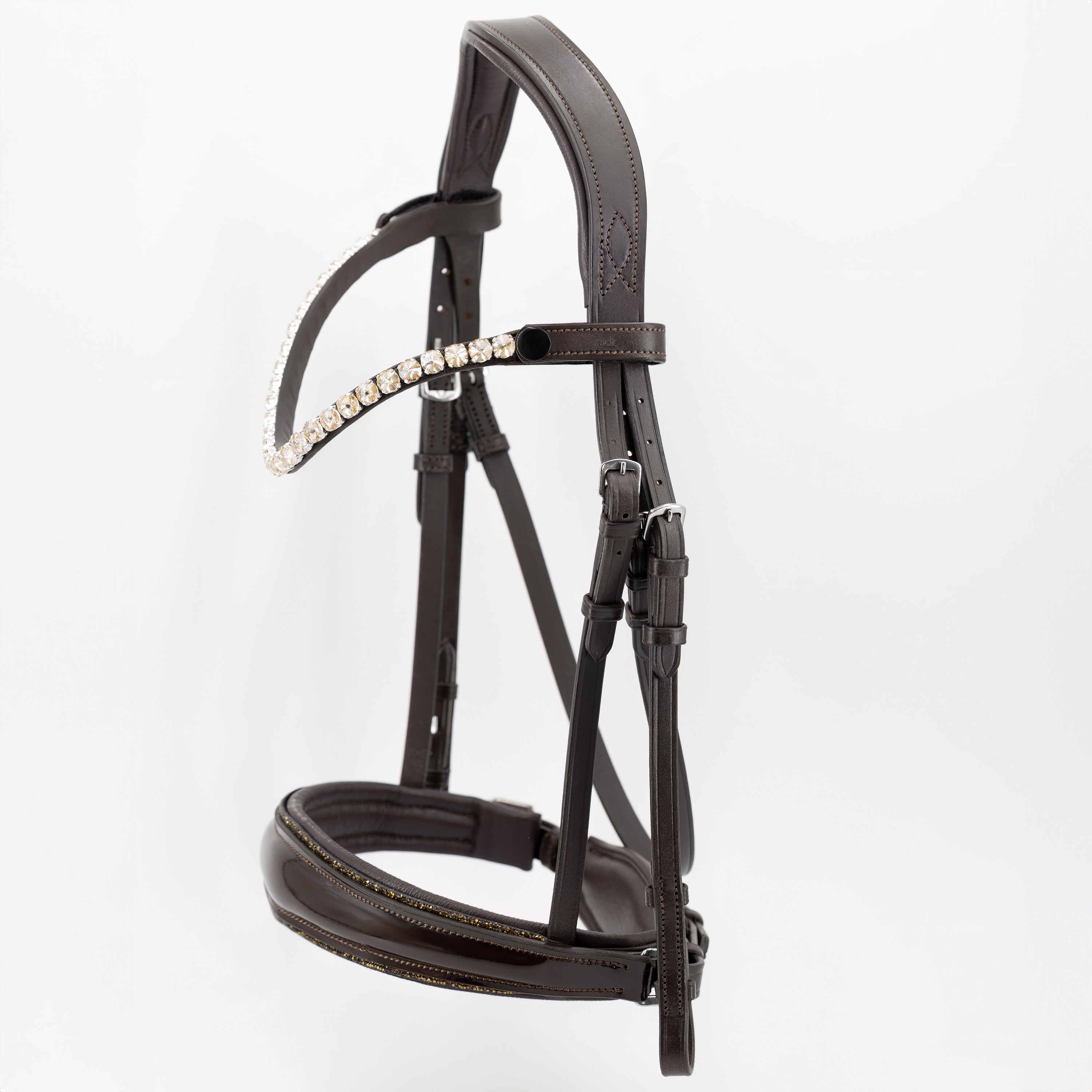 Trense-ohne-Sperrriemen-Zaumhaken-Braun-Shiny-glitter-Gold