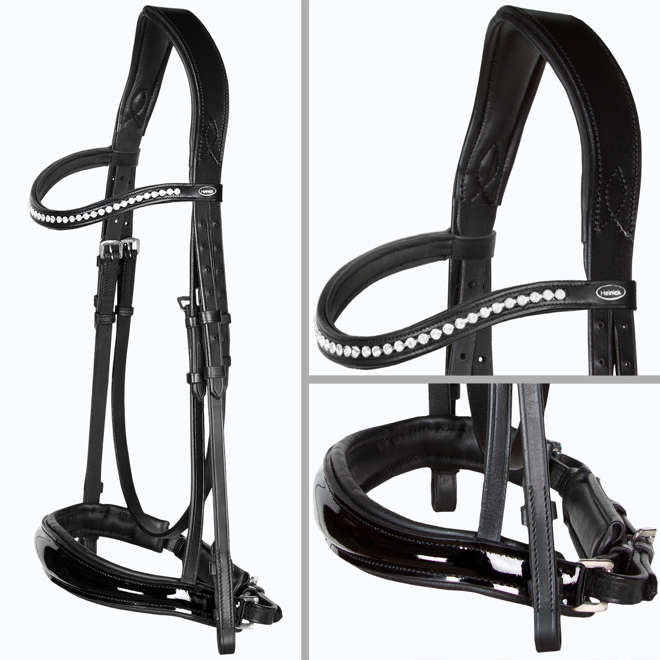 Trense-ohne-Sperrriemen-schwedisch-Zaumhaken-Competition-Schwarz-Lack-Diamant-Warmblut-Vollblut