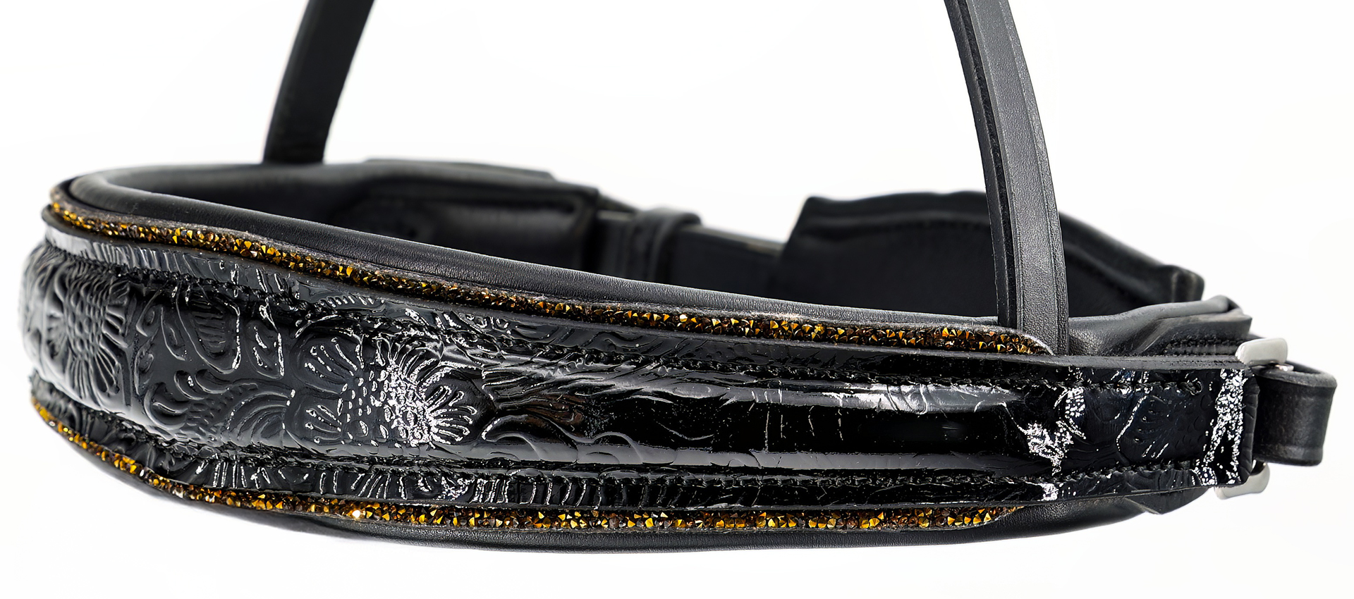 Reithalfter-Paisley-Lack-mit-Muster-Glitzer-Schwarz-Gold-ohne-Sperrriemen