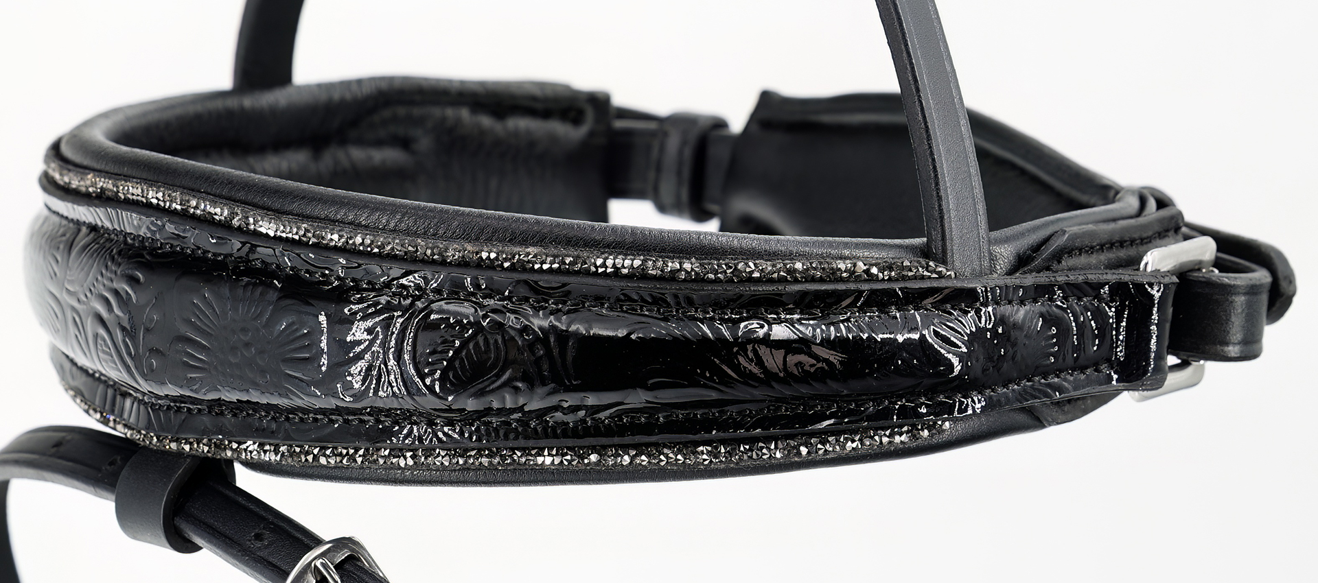 Reithalfter-Paisley-Lack-mit-Muster-Glitzer-Schwarz-Grau-entfernbarer-Sperrriemen