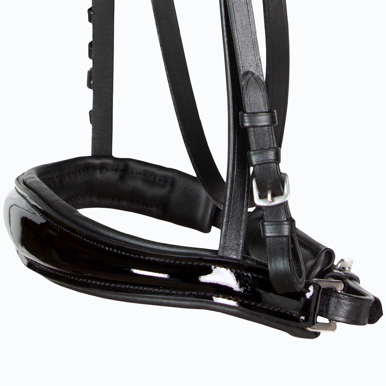 Reithalfter-schwedisch-ohne-Sperrriemen-Schnallen-schwarz-lack-anatomisch-Competition-Warmblut-Vollblut