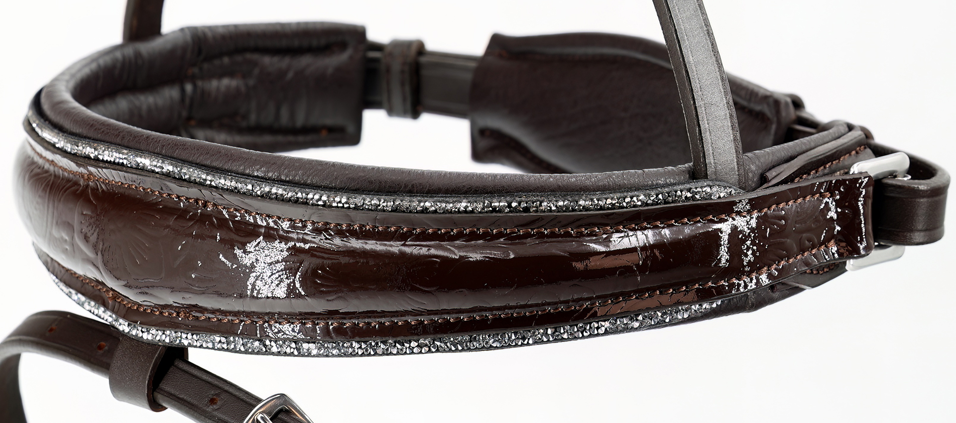 Reithalfter-Paisley-Lack-mit-Muster-Glitzer-Braun-Silber-entfernbarer-Sperrriemen