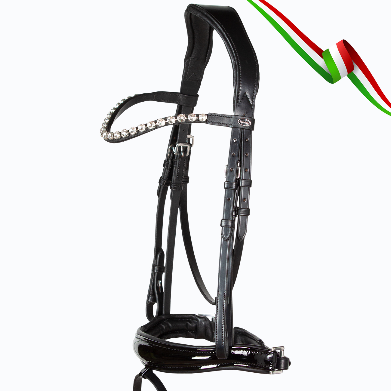 Trense-anatomisch-Lackleder-Verona-italienisches-Leder-Schwarz-Warmblut