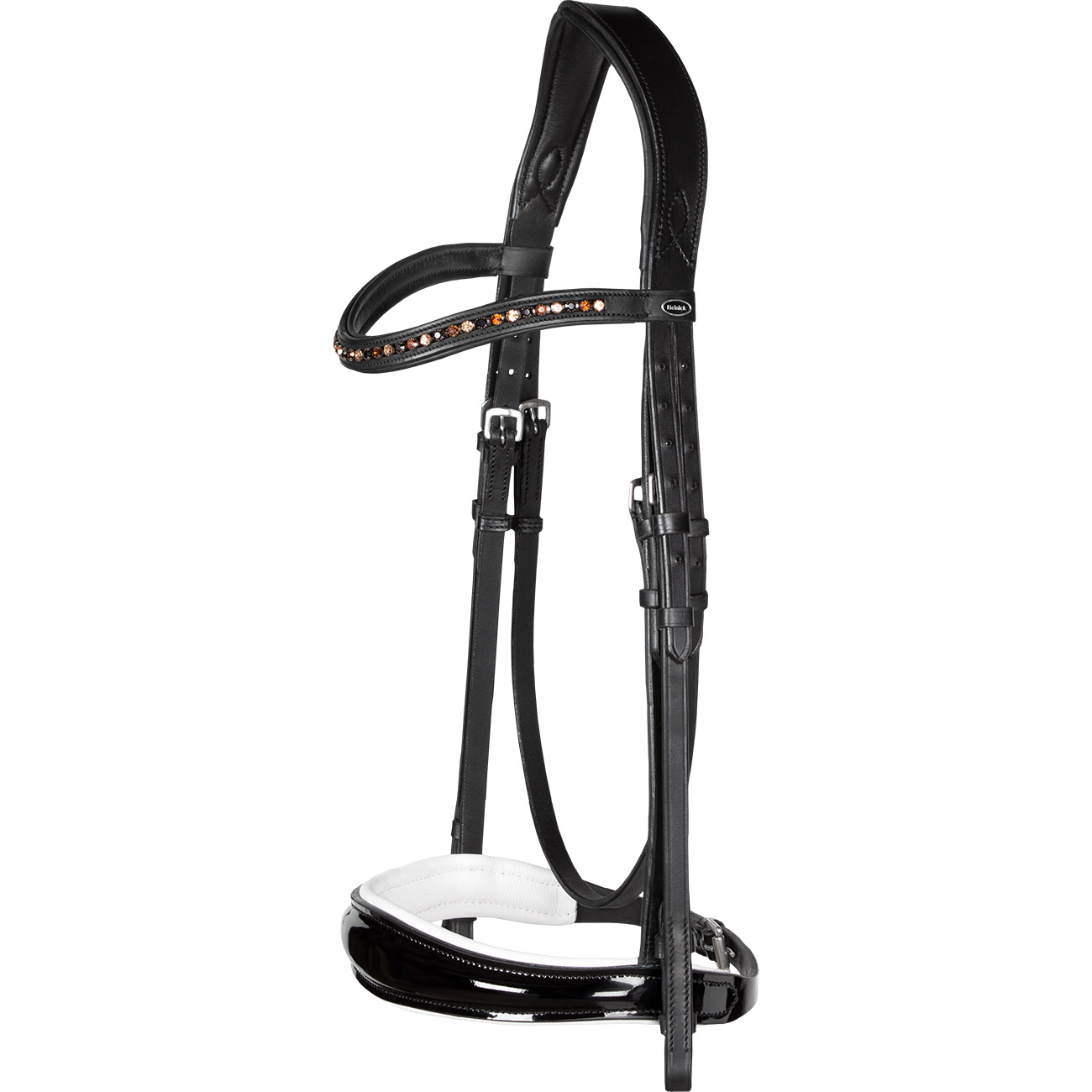 Trense-Competition-ohne-Sperrriemen-Lack-Schwarz-Weiss-Englisch-anatomisch-Zaumhaken-Warmblut-Vollblut