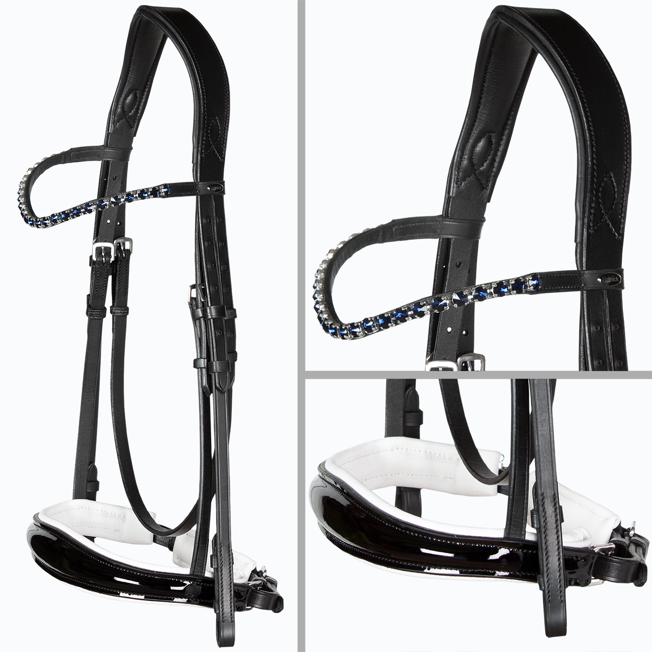 Trense-ohne-Sperrriemen-schwedisch-Zaumhaken-Competition-Weiss-Lack-Glow-Navy-Warmblut-Vollblut